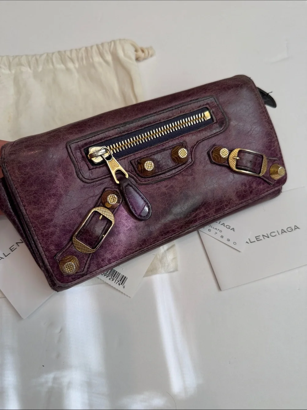 Balenciaga Distressed Plum Leather Continental Wallet with Gold Hardware